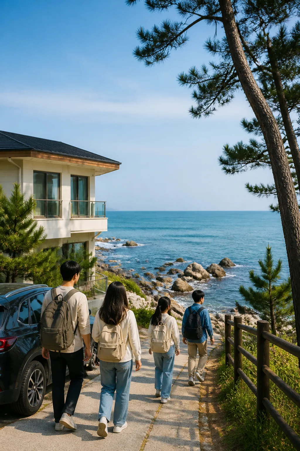 삼척펜션을 거점으로 해안과 자연 산책로를 여유롭게 둘러보는 여행 장면