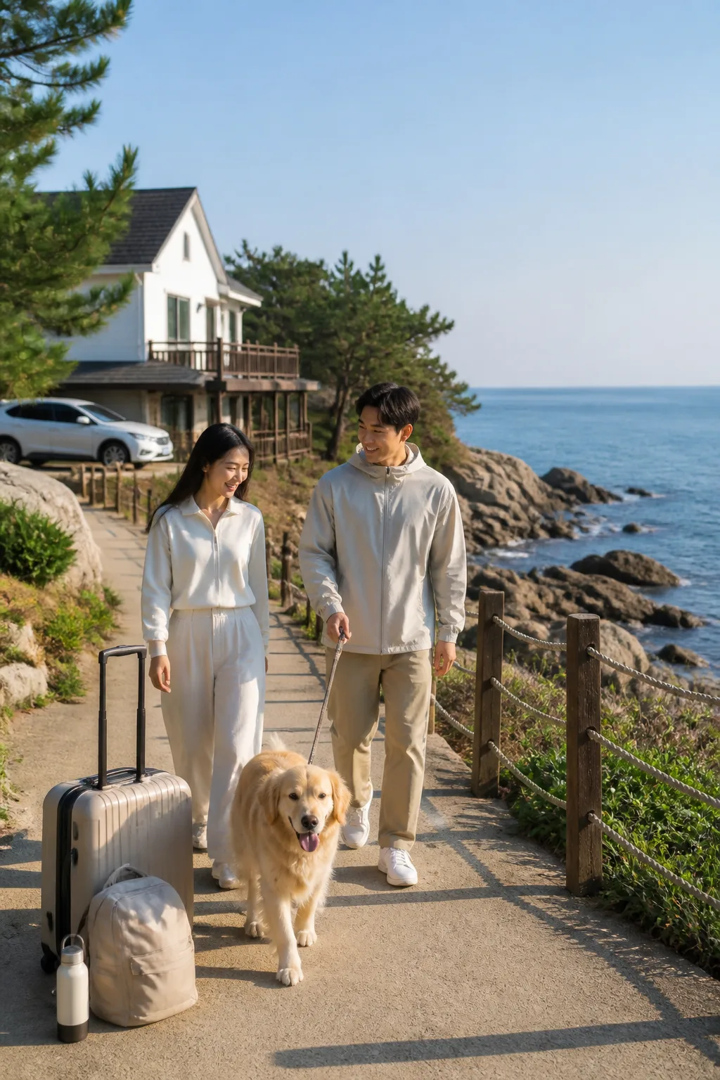 삼척펜션을 거점으로 반려동물과 동해안 산책을 즐기는 여행 장면