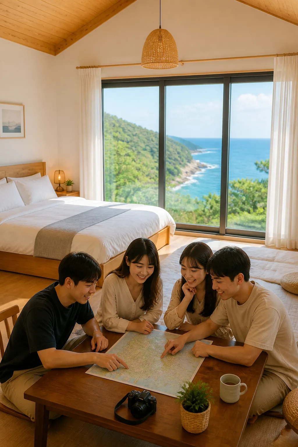 삼척 바다 풍경이 보이는 펜션 객실에서 여행 인원과 침구를 확인하는 모습