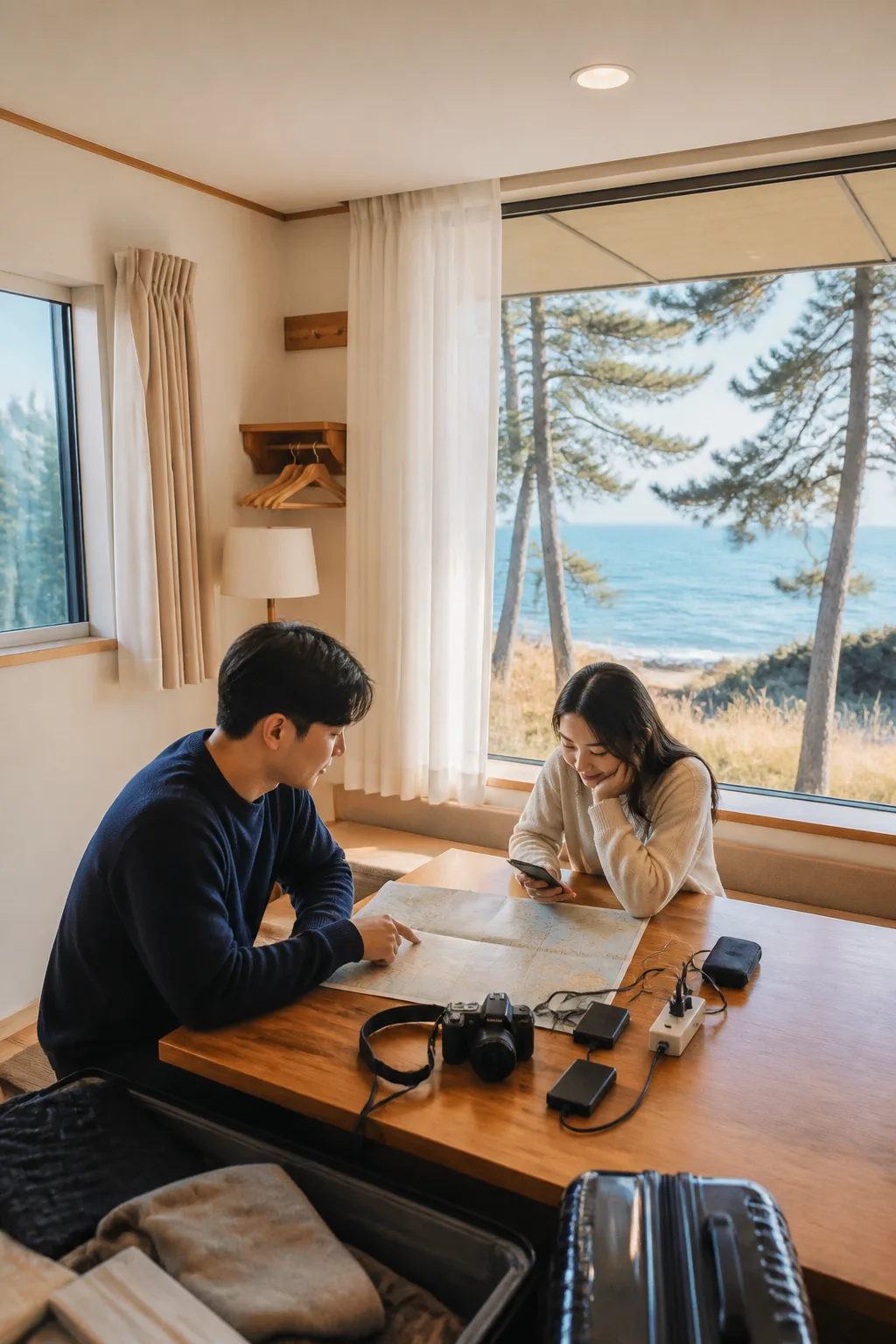 삼척펜션 객실에서 해안 여행 뒤 휴대전화와 카메라를 충전하며 여행을 정리하는 모습
