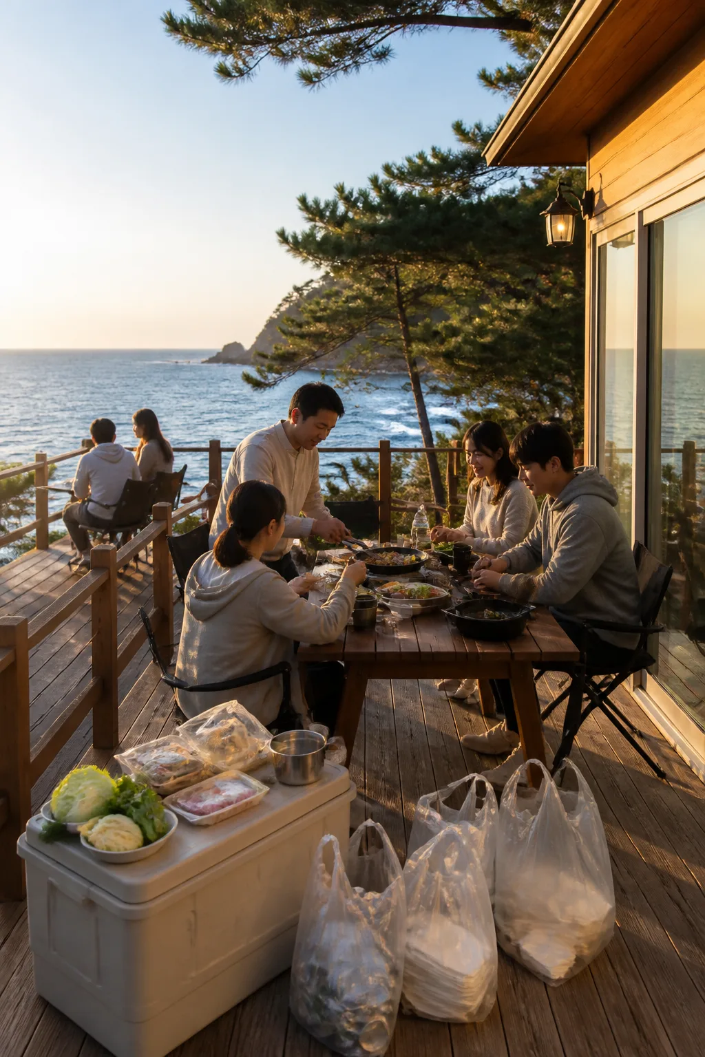 삼척펜션 테라스에서 바다를 바라보며 저녁 식사와 정리를 준비하는 여행객들