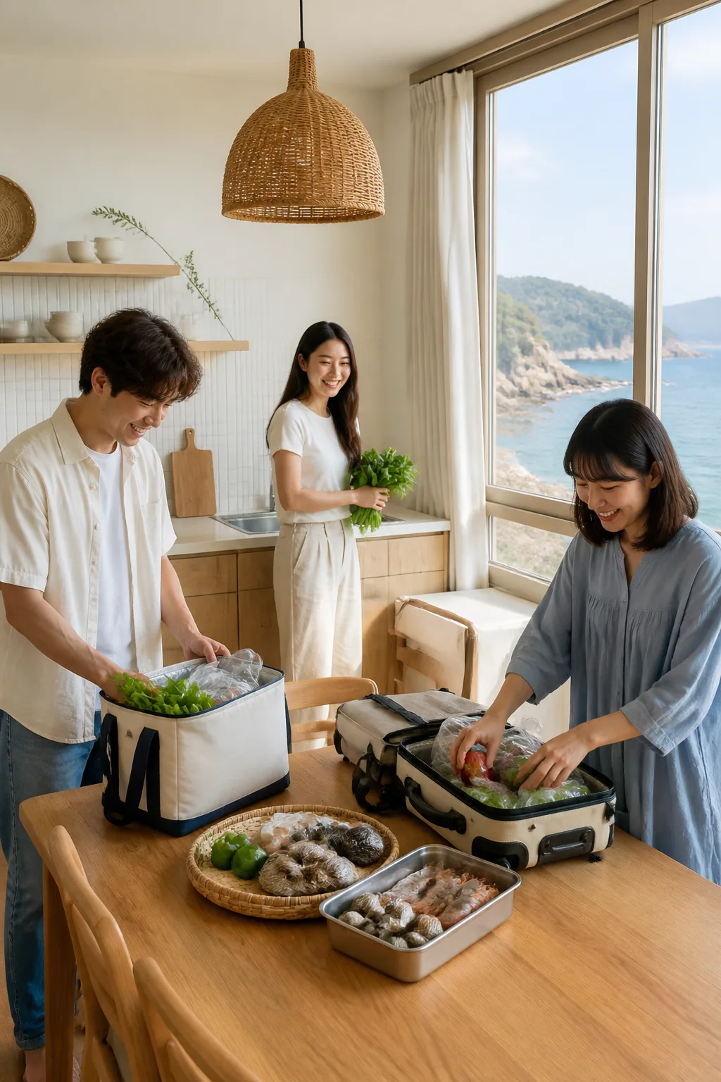 삼척펜션 주방에서 해산물과 식재료를 정리하는 여행객과 동해안 풍경