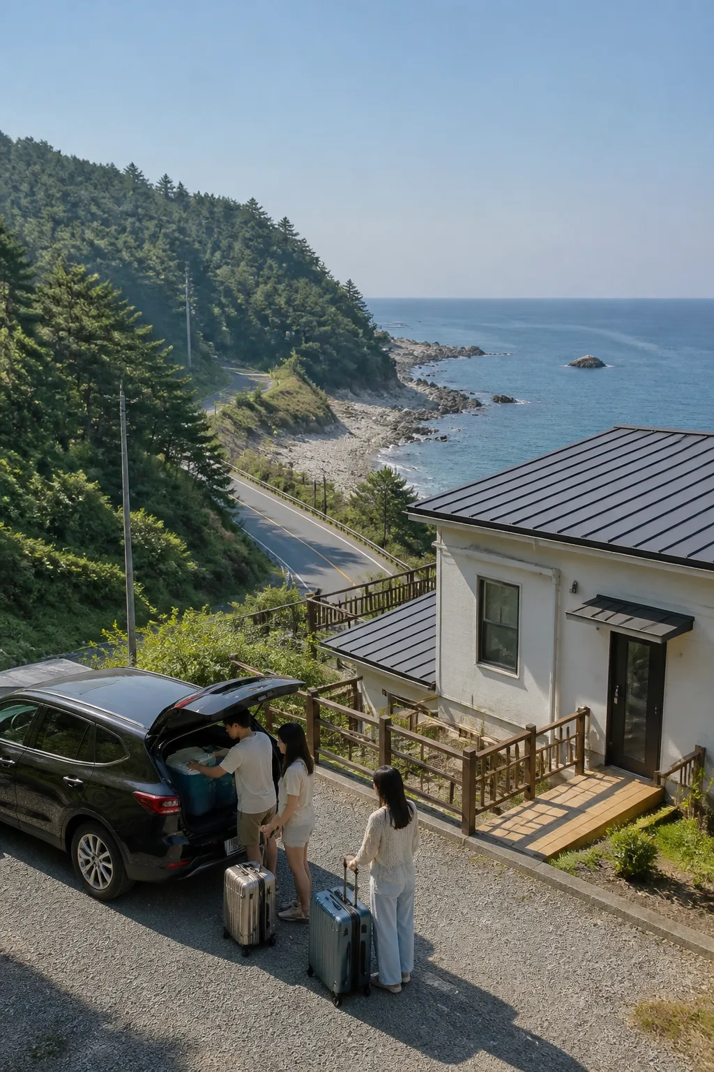 삼척펜션 앞 주차 공간에서 바다 여행을 준비하는 여행자와 동해 해안 풍경