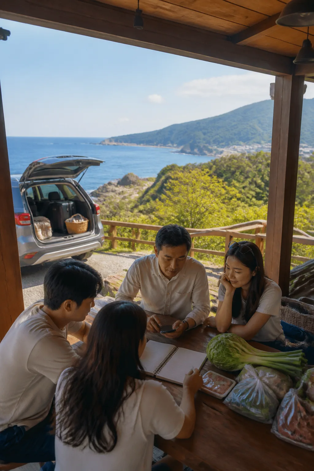 삼척펜션 테라스에서 해안 여행 일정과 장보기 비용을 정리하는 가족·친구 여행 장면