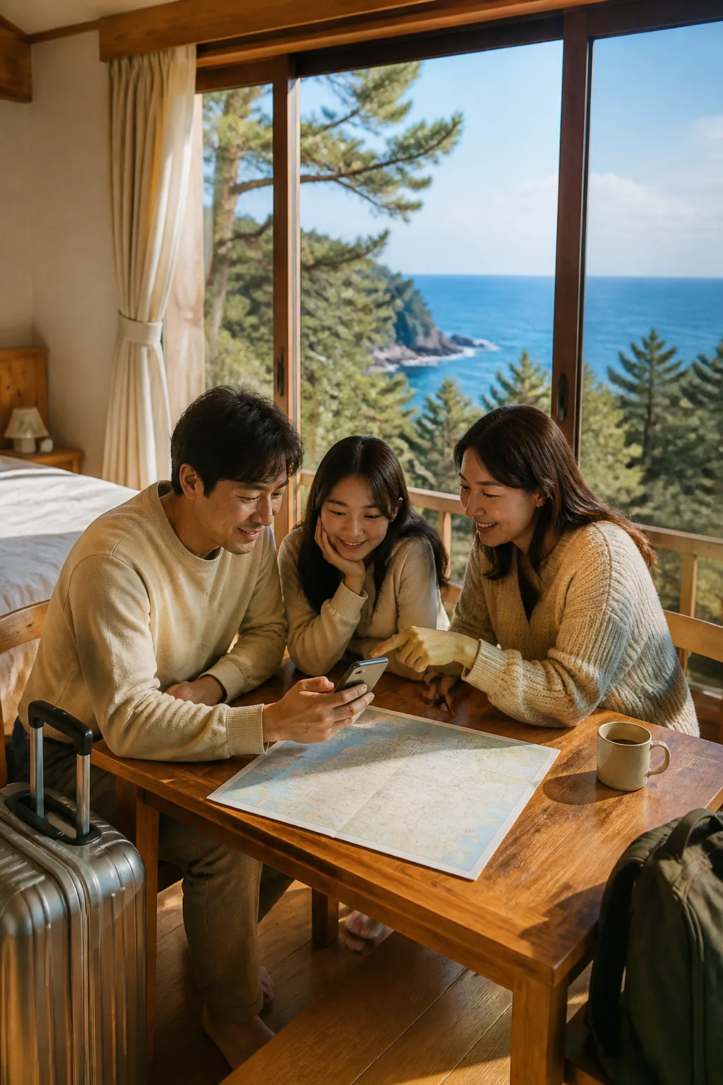 삼척펜션 객실에서 바다와 자연 여행 동선을 확인하는 가족 여행 장면