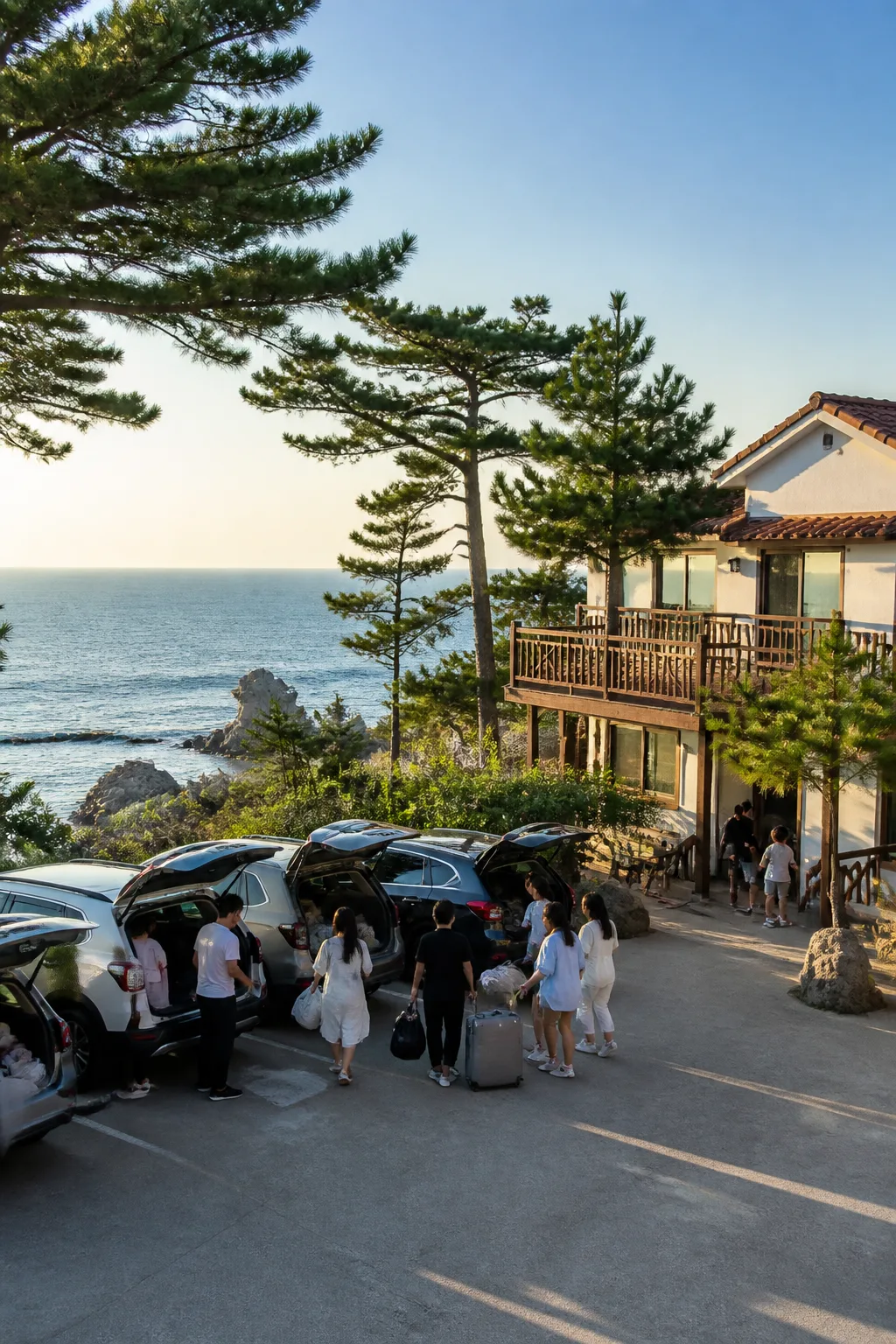 삼척펜션에 도착해 여러 대 차량의 짐을 내리는 가족과 친구 일행