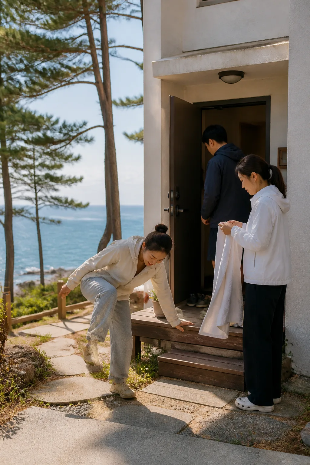 삼척펜션에서 해안 산책 뒤 신발과 젖은 옷을 정리하는 여행자들
