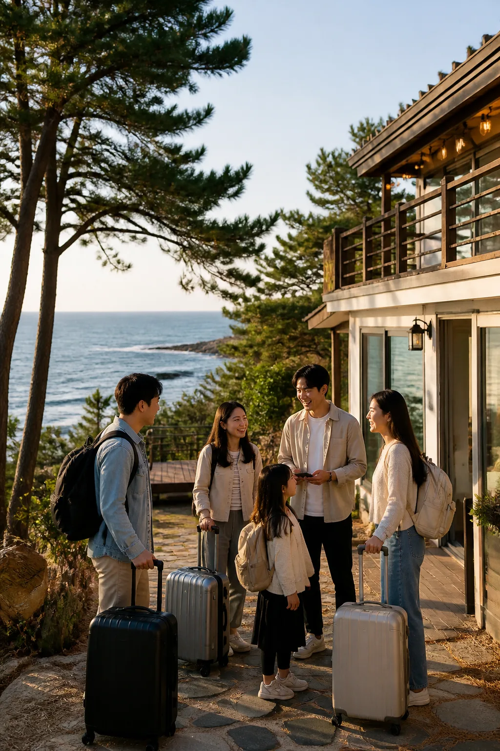 삼척펜션 앞에서 가족과 친구 여행자가 짐을 들고 해안 풍경을 바라보는 모습