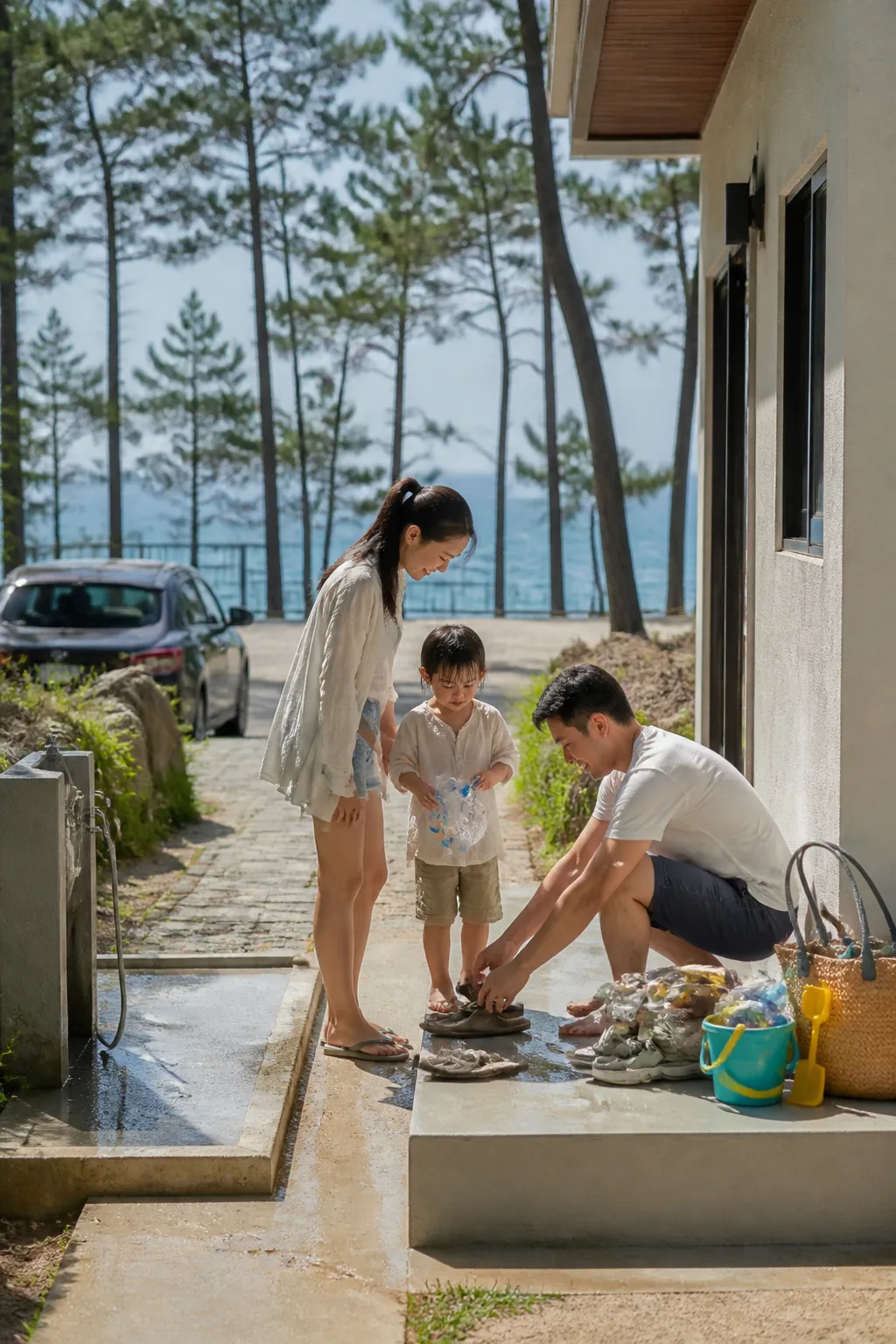 삼척펜션 현관 앞에서 해안 여행 후 신발과 해변용품을 정리하는 모습