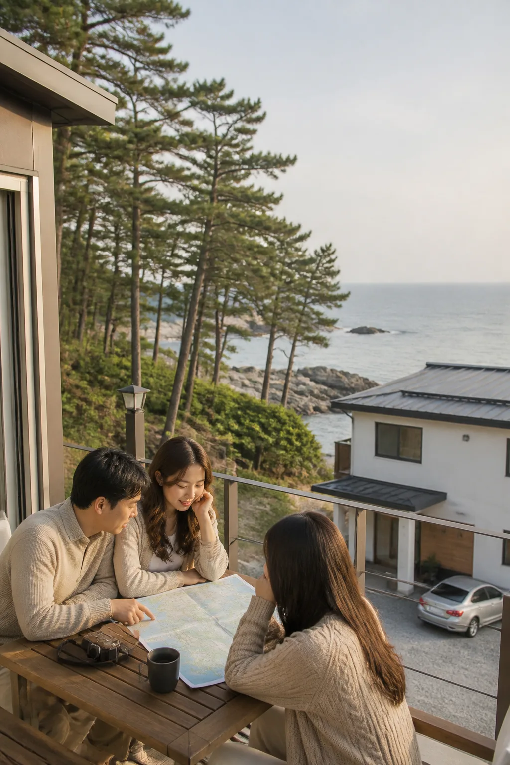 삼척펜션 테라스에서 가족과 친구가 해안·자연 여행 일정을 상의하는 모습