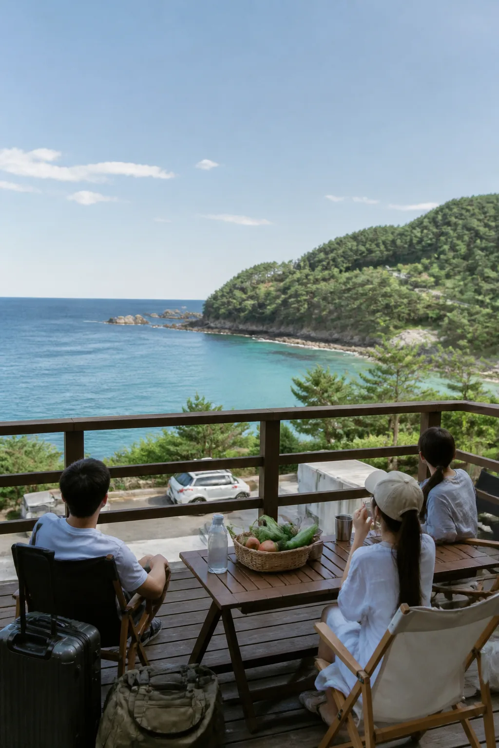 삼척펜션 테라스에서 재사용 식기와 물병을 준비하고 동해 바다를 바라보는 친환경 여행 장면