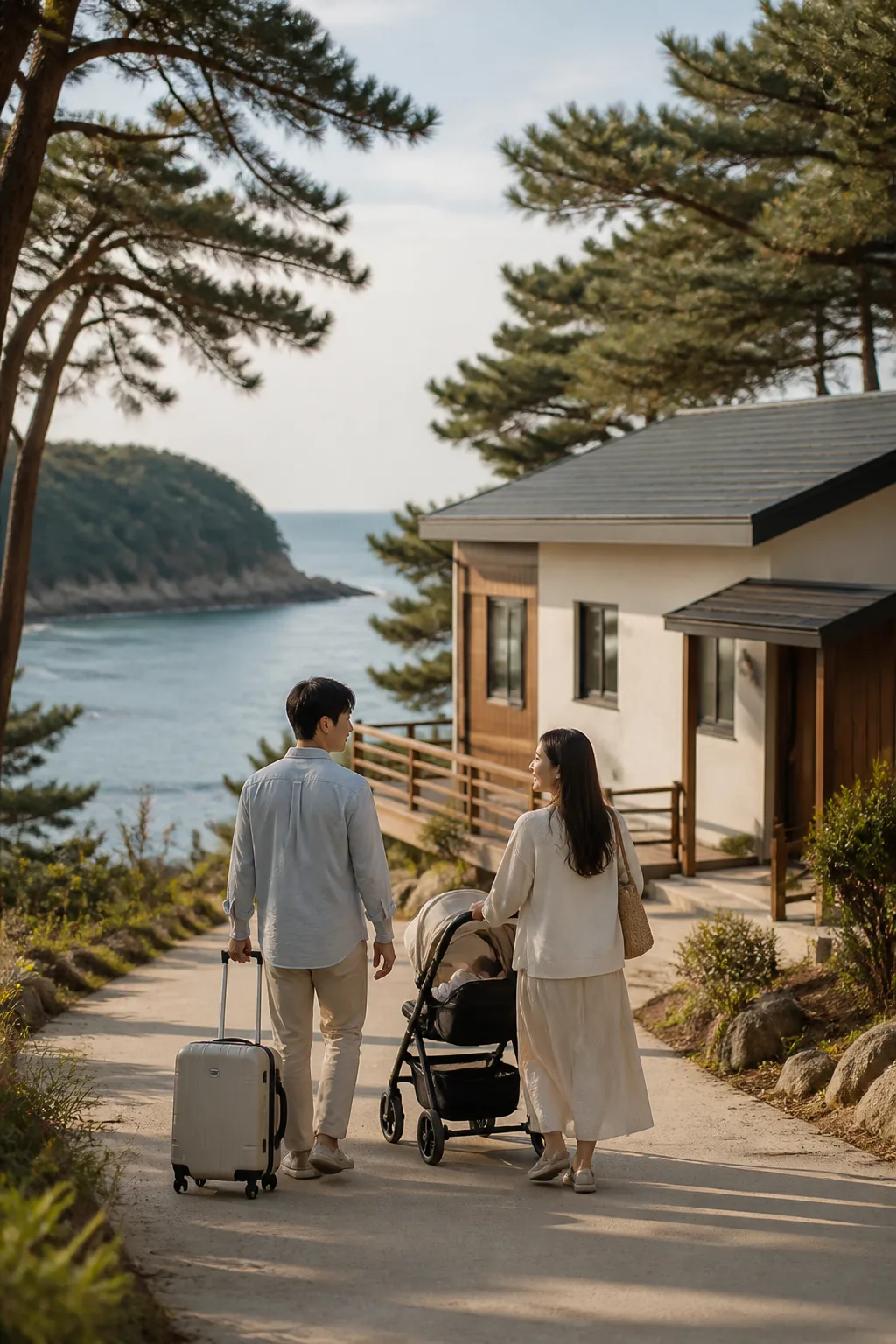유모차와 함께 삼척펜션에서 해안 풍경을 바라보며 이동하는 가족 여행객