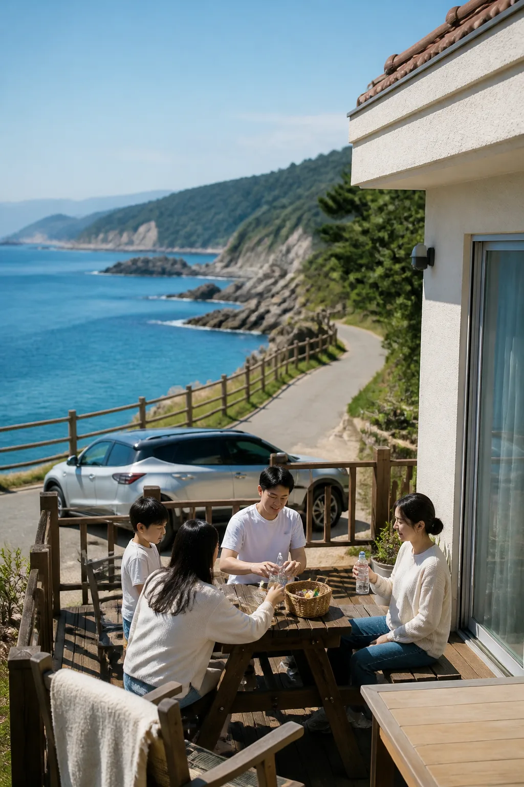 삼척펜션을 거점으로 해안 산책 뒤 테라스에서 쉬는 여행자와 바다 풍경