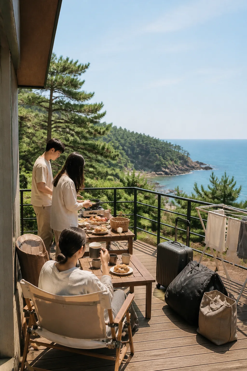 삼척펜션 테라스에서 바다를 바라보며 여유롭게 아침을 준비하는 장기 체류 여행 장면